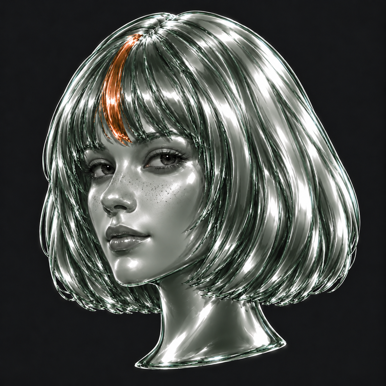 CLAUDIA PONS: three-quarter portrait with reflective silver hair